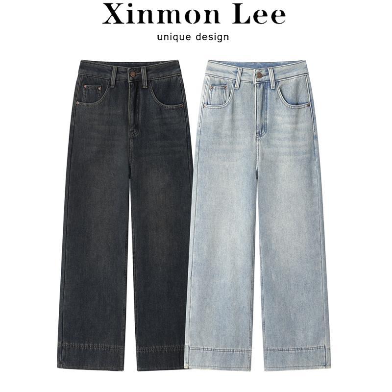 パンツ レディース 冬 カジュアル レトロ ストレート ジーンズ ジーパン ベルベット ハイウエスト スリム 九分丈