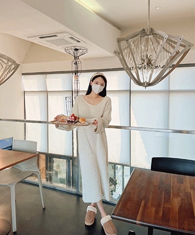 ハチ アンバランスVネック ロングワンピース (3color)