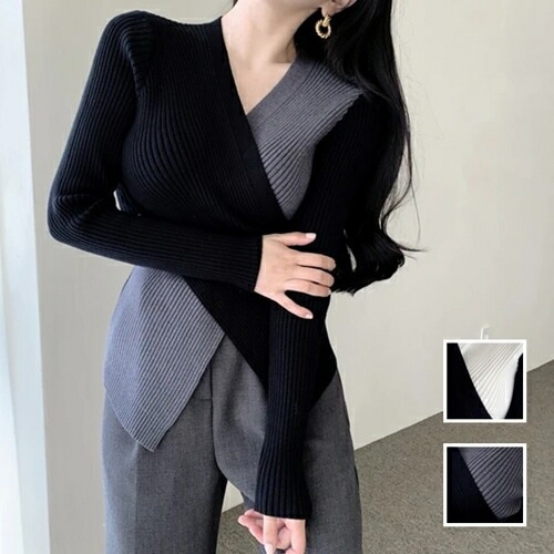 ニット セーター 韓国 ファッション レディース 春 秋 冬 カジュアル コーデ シンプル 定番 セレカジ 20代 30代 40代 2025 リブ バイカラー クロスデザイン アシメ
