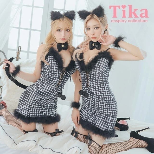 ハロウィンコスプレ 衣装 猫 ねこ セット ワンピース カチューシャ チョーカー しっぽ カフス 大人 ブラック ホワイト 千鳥格子 アニマル 動物 コスチューム 仮装 激安 エロ キャバ イベント