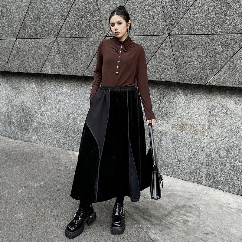 ロングスカート ドッキング おしゃれ 個性的なデザイン ゴム ハイウエスト 秋冬 レディース スカート