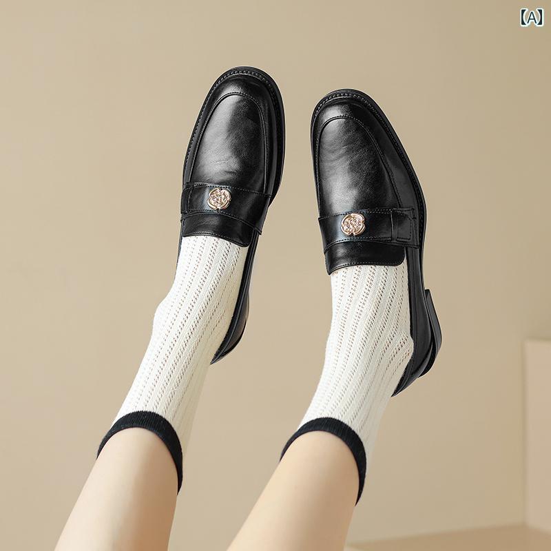 ローファー レディース 通学 通勤 学生 カレッジ 仕事 オフィス 春秋 女性用最上層 牛革 ラウンドトゥ 快適 ソフト ソール ミディアム ヒール 厚手 ヒール 女性用 英国 深口 シングル シュー