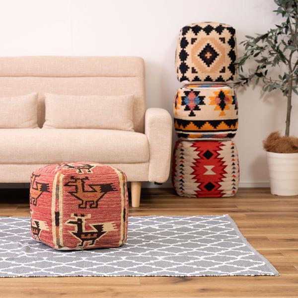スツール 椅子 キリム 柄 オルテガ調 デザイン おしゃれ ビーズクッション 足置き オットマン 腰掛け チェア ダイニング デザイン リビング 子供 子ども部屋