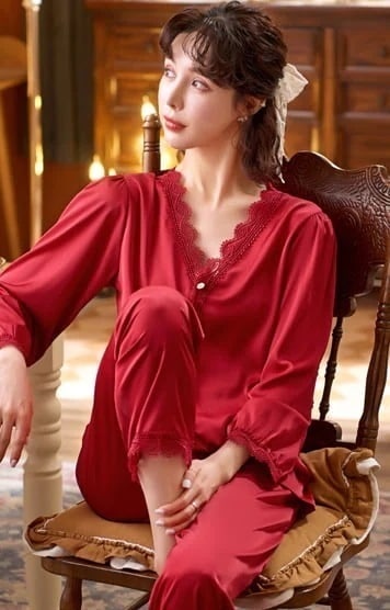 長袖パジャマ ルームウェア パジャマ 寝巻き l ロング ロング丈 ミディアム丈 袖あり 長袖 Vネック フレア レース 前開き ポリエステル 上下セット 2点セット ツーピース かわいい