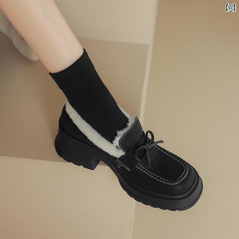 ローファー レディース 学生 カレッジ 通学 通勤 秋冬 革 マット 厚底 女性 ベルベット 厚手 ヒール 毛皮 靴 冬 アウター シューズ