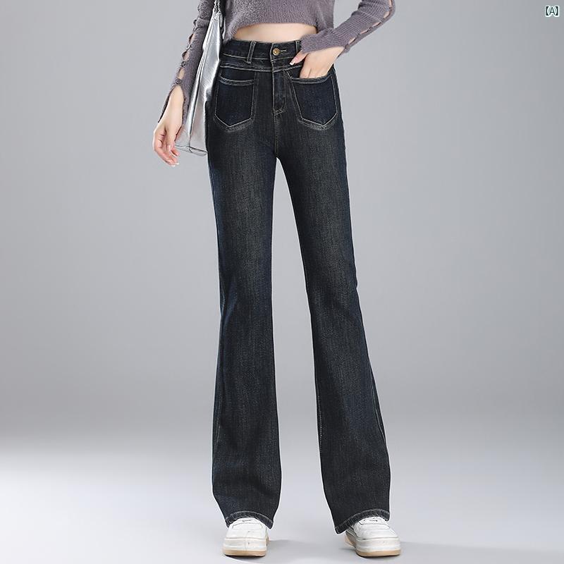 レディース　ファッション　オシャレ　シンプル 春秋 デニムブーツカットパンツ ハイウエスト スリム 狭い フレアパンツ レトロ フロア レングス パンツ