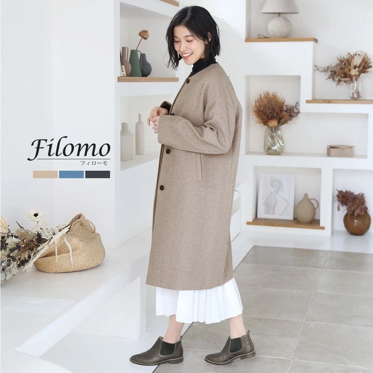 ノーカラー コート レディース 秋 冬 ノーカラーコート 大きいサイズ アウター ウールタッチ 洗える ロング丈 ウールライク ウォッシャブル ロングコート 厚手 手洗い可能 ロング モカ ダークブル