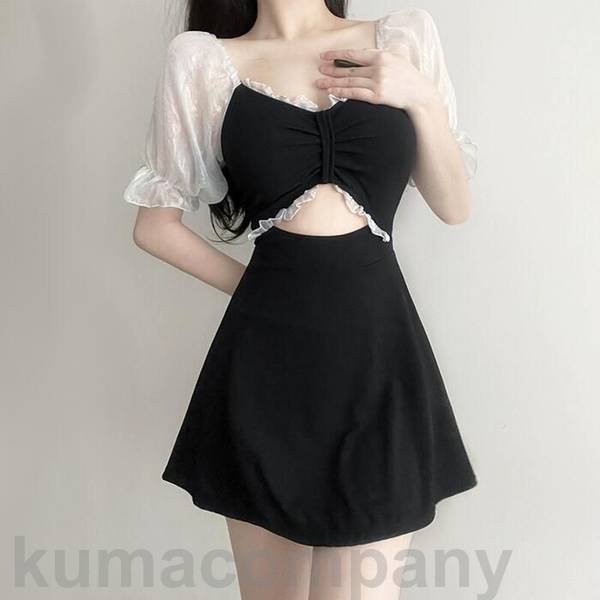 レディース 水着 ワンピース フリル シアー 袖あり セパレート風 おしゃれ スイムウェア 体型カバー エレガント リゾート 海 プール 夏 フェミニン きれいめ シンプル 大人 可愛い 韓国 ブラッ