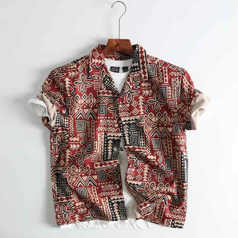 メンズ 春夏 トップス 柄シャツ 総柄 アメリカン レトロ プリント キューバ 襟 半袖 ファッション ハワイアン ビーチ レッド
