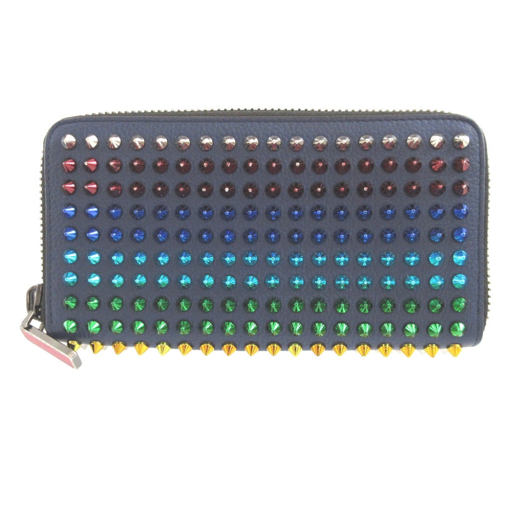 美品 ラウンドファスナー マルチスタッズ 長財布 レザー/レザー ブルー 1584【中古】 レディース