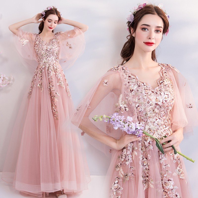 ロングドレス カラードレス 演奏会 パーティードレス 結婚式 袖あり 花嫁 イブニングドレス 二次会