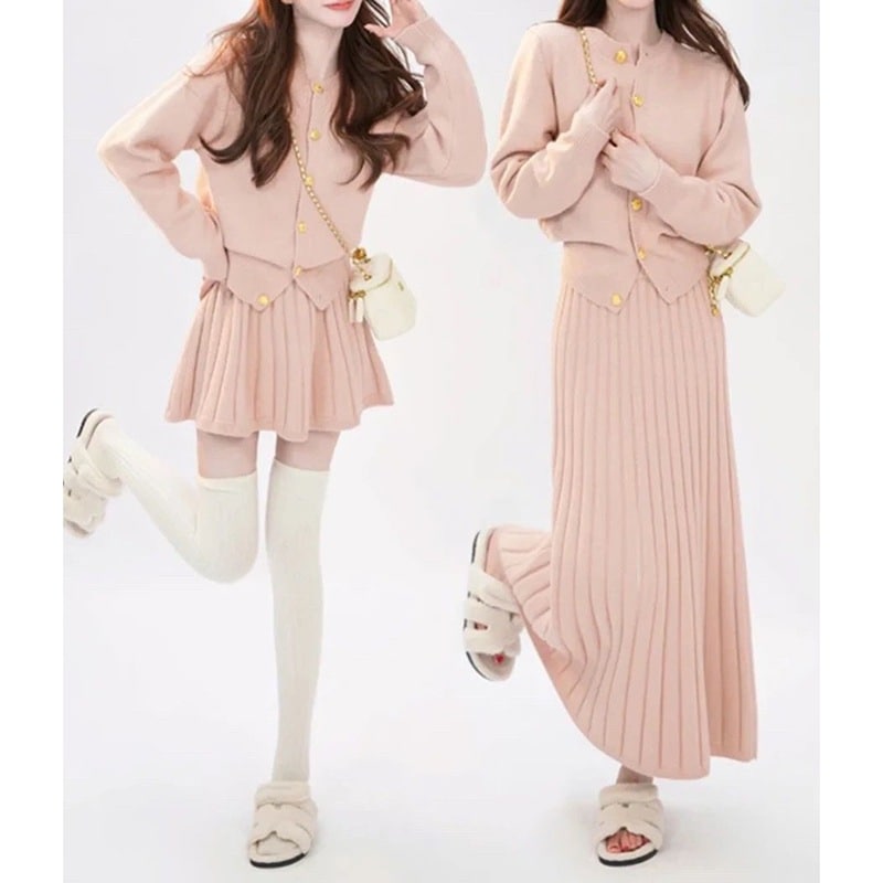 秋冬向けの高級シャネル風ニットセットスタイリッシュなカーディガントップと若々しくスイートなスカートのツーピースセットです 4,497円