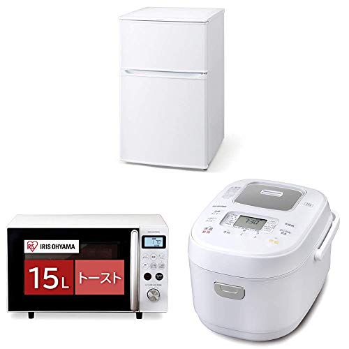アイリスオーヤマ 新生活キッチン家電3点セット(冷蔵庫90L+オーブンレンジ15L+炊飯器) ホワイト