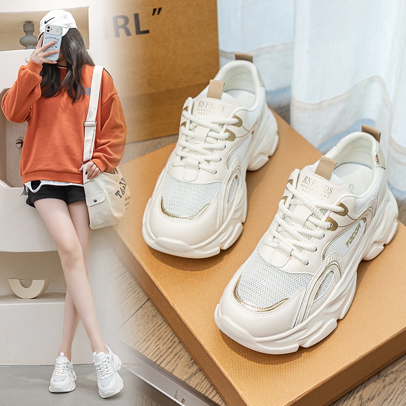 本革のお父さん靴女性夏モデル白靴百合網面超軽量カジュアルスニーカー