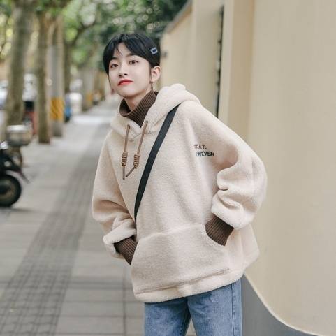 ボア フリース トップス レディース 2色 パーカー フェイクツーピース アンサンブル フード付き ロゴ 刺繍長袖 ワイド オーバーサイズ ビッグサイズ ビッグシルエット プラスサイズ S M L 青