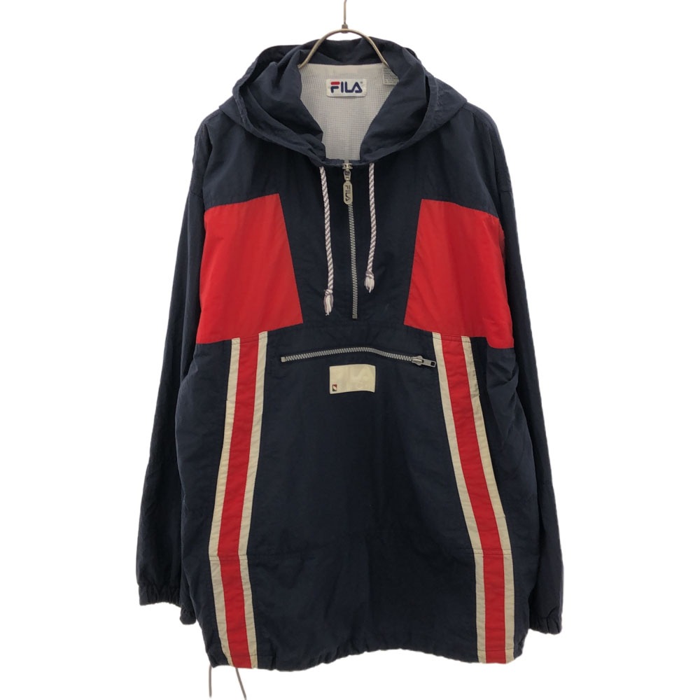 90s ロゴ 長袖 ハーフジップ ナイロンジャケット S ネイビー×レッド プルオーバー パーカー オールド メンズ 4,995円