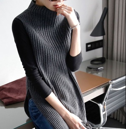 トップス セーター ベスト 膝丈 ノースリーブ 襟付き ハイネック デザイン オーバーサイズ 美ライン ニュアンス リブニット 伸縮性 ニット カラバリ かわいい 大人可愛い きれいめ シンプル