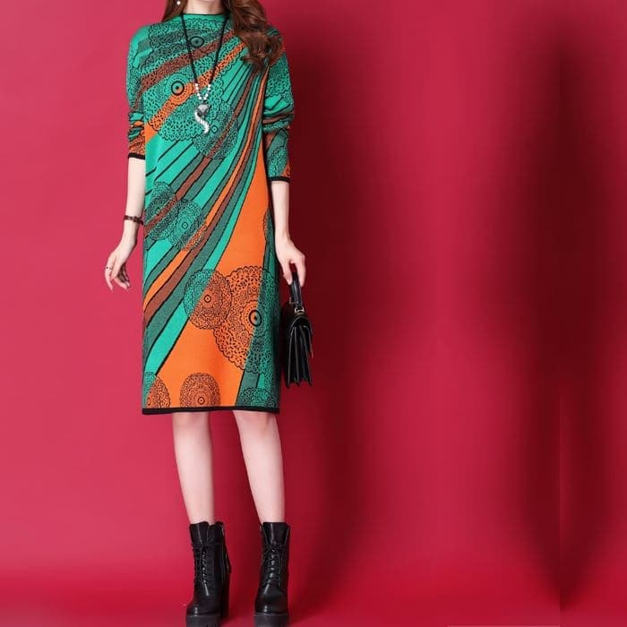 ニットワンピースレディースストライプハイネック幾何学デザイン膝丈スタイルアップ秋春ワンピースお呼ばれカジュアル通勤旅行お出かけシニアオシャレ