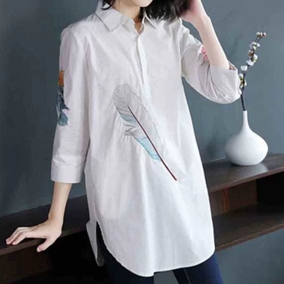 トップス シャツ 白シャツ ロング丈 袖あり 7分袖 前開き かわいい 大人可愛い きれいめ シンプル