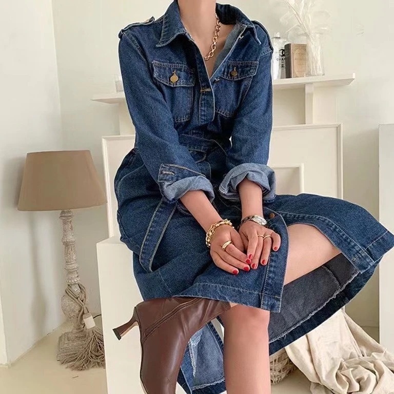 ワンピース 2025 早春新作 デザイン シック ヴィンテージ ベルト デニム・ドレス レディース 韓国ファッション
