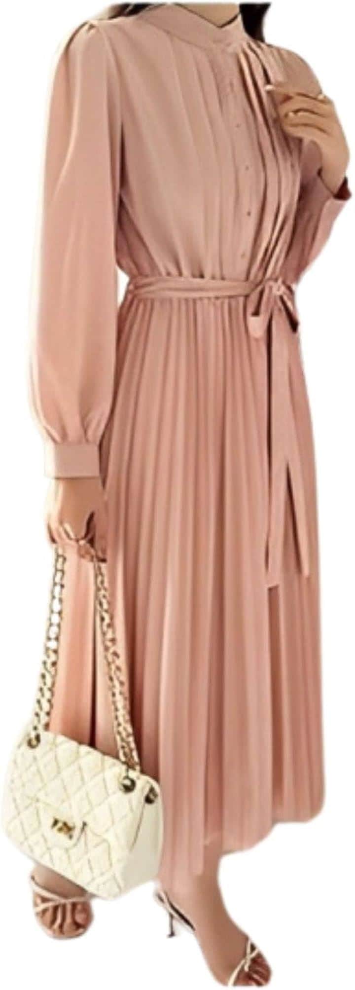 上品 プリーツ ロング ワンピース レディース 長袖 きれいめ ハイウエスト ドレス ロングワンピ フォーマル セミフォーマル リボン ロング丈 大きいサイズ(ピンク, 2XL)