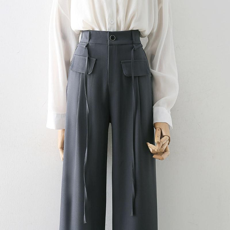 スラックス オフィス レディース ロングパンツ ボトムス ワイドレッグ ハイウエスト ドレープ 春夏秋 シンプル スリミング ポケット装飾 ゴムウエスト 細ループ付き モダン エレガント シームレス