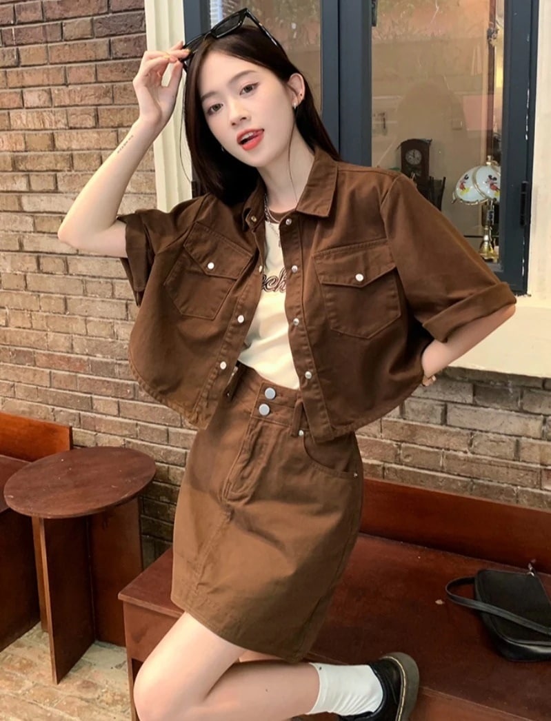 セットアップ Tシャツ ジャケット スカート ミニ レディース 3点セット 半袖 ラウンドネック 襟付き 着回し かわいい カジュアル シンプル お洒落 お出かけ デート 学生 無地 茶色 S M L