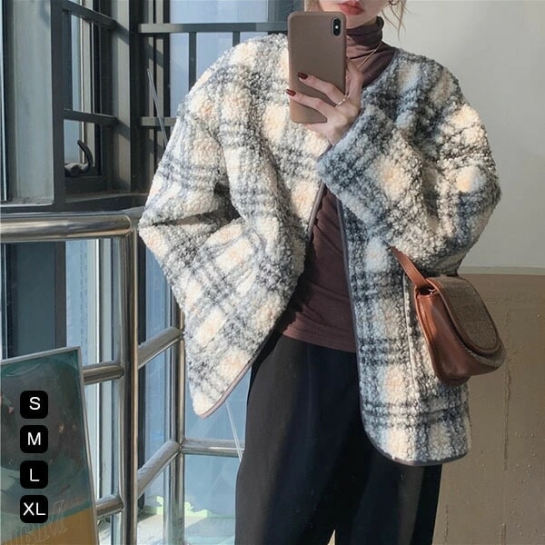 ボアコートボアジャケットチェック柄レディースもこもこふわふわポケットボタン無し前開ショート丈秋冬アウターボアブルゾンおしゃれ防寒コート冬ゆったりアウトドア防寒暖かあったか