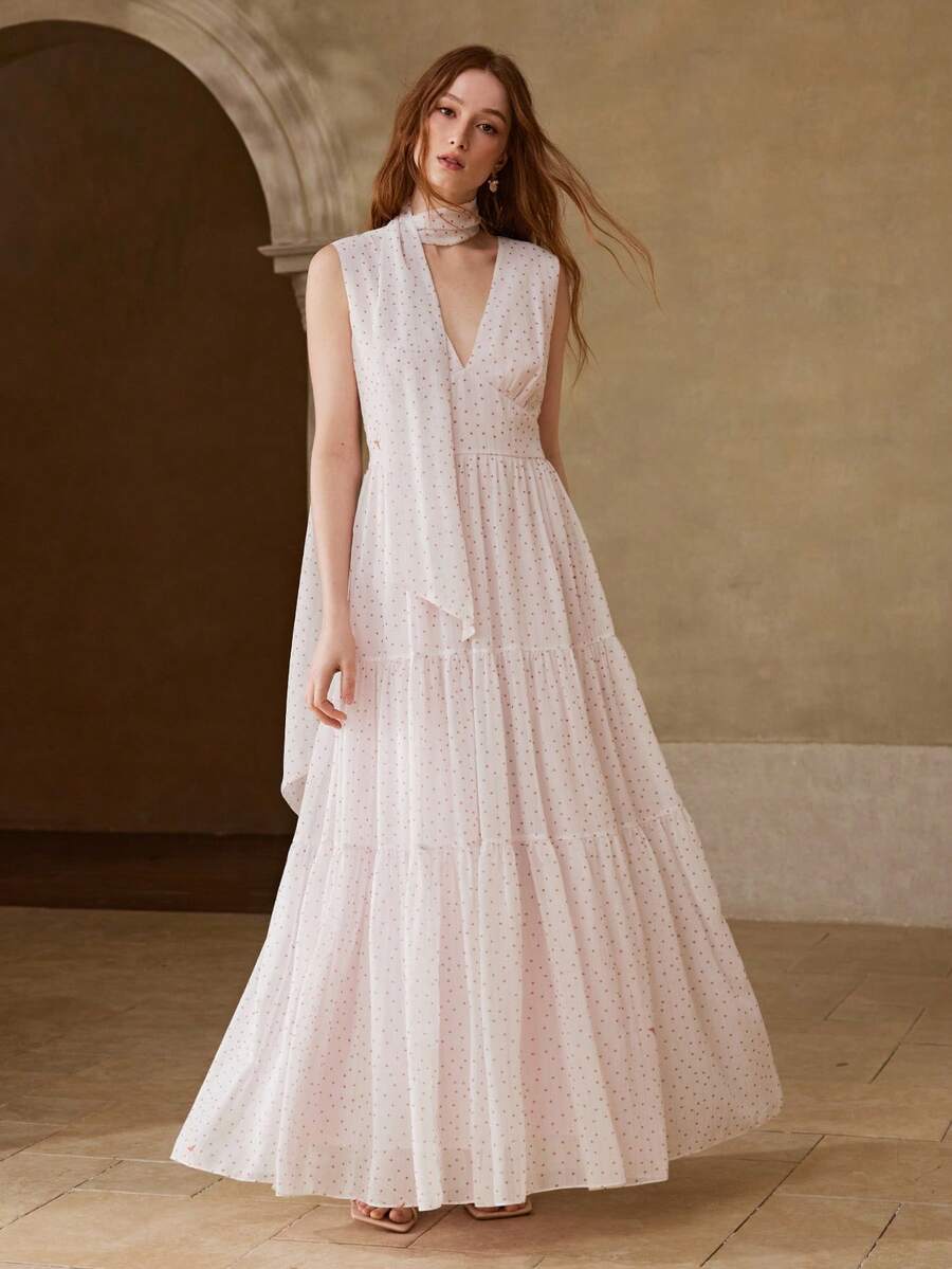 ポルカドットプリントロングドレス春夏用