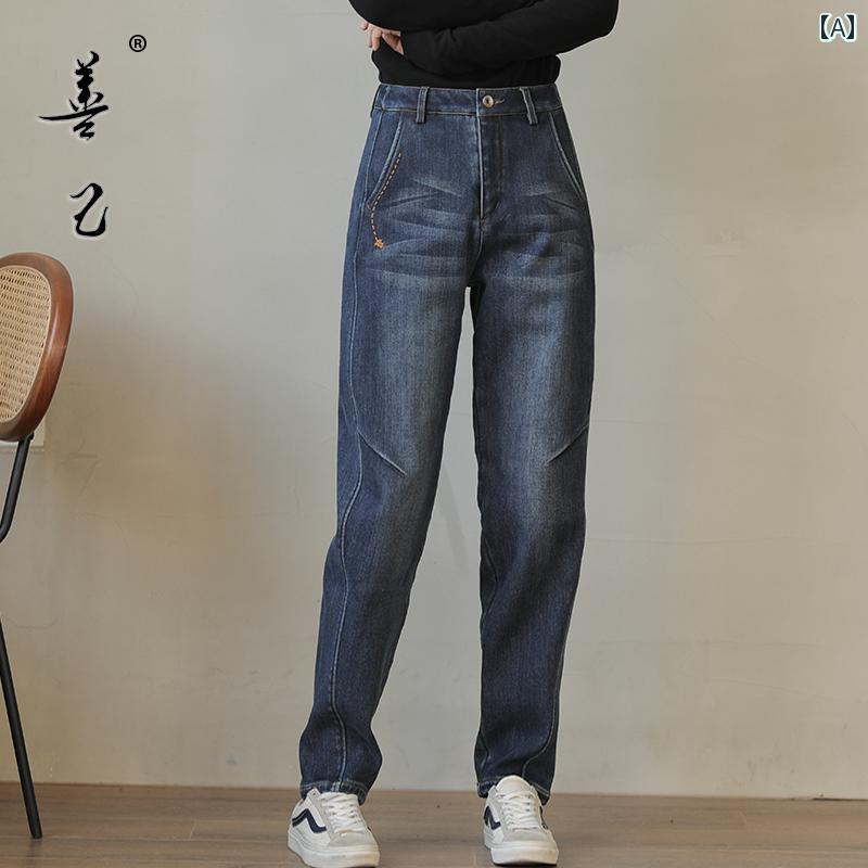 デニム パンツ ボトムス レディース 冬 暖かい ハイウエスト スキニー ジーンズ レトロ ストレッチ 刺繍 ストレート 青
