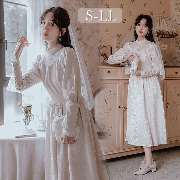 ウェディングドレス ホワイト 白 ロングドレス バルーンスリーブ 袖あり 背中開き 編み上げ 結婚式 披露宴 花嫁 お呼ばれ 20代 30代 40代 前撮り 後撮り フォト婚