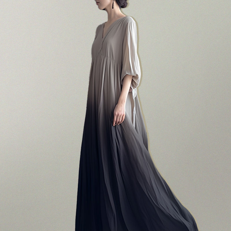 【今季大注目】 Vネックバルーンスリーブグラデーション色五分袖ギャザーAラインマキシワンピース