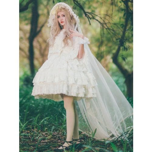 袖ありのワンピース　ロリィタファッション　シフォン　花嫁　2カラーブロック　スクエアネック　ウエディング　七分袖　-555