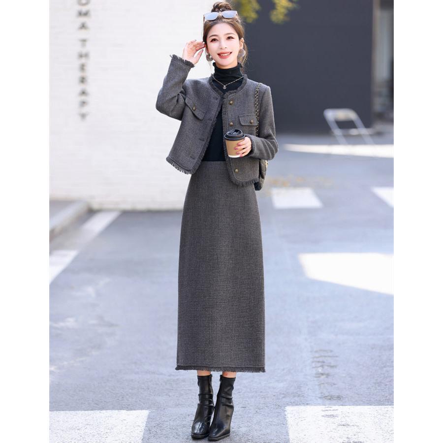 ツイードスーツ セットアップ スーツジャケット ロングスカート スリット入り 大人 きれいめ 入園式 エレガント 上品 おしゃれ 大きいサイズ 入学式 卒業式