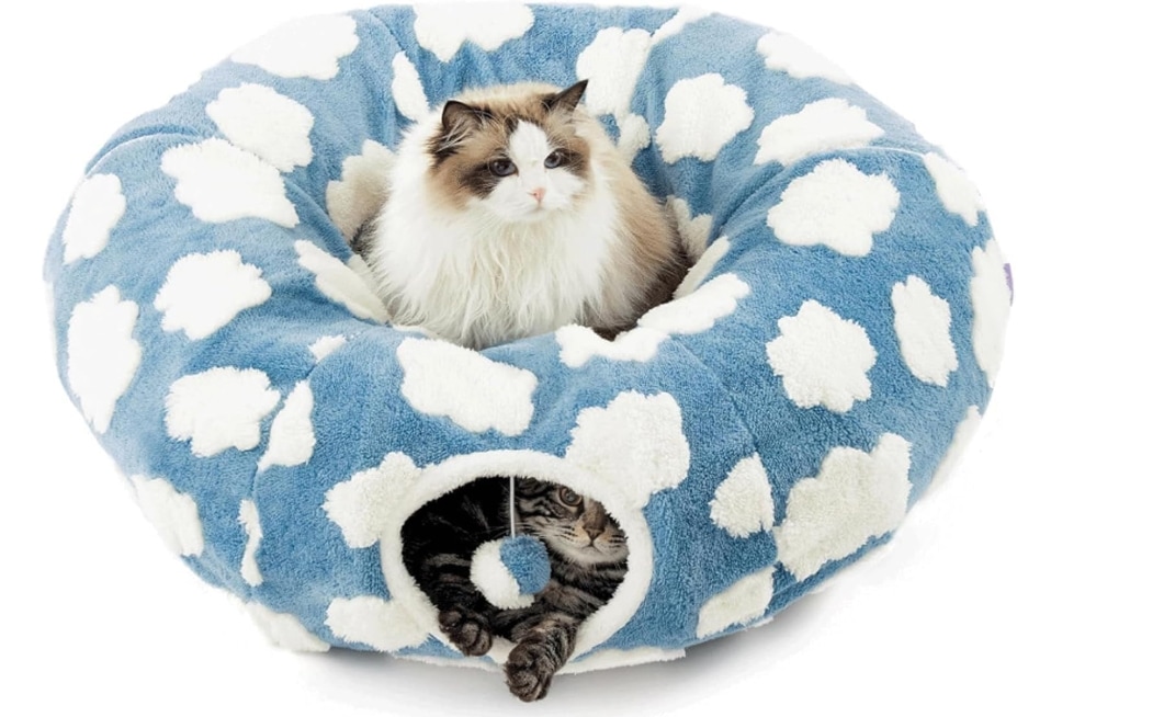 猫トンネルベッド キャットトンネル 85×85×25cm 猫用ベッド おもちゃ かわいいドーナツ型 クッション付き 取り外し可 洗える 折りたたみ 収納便利 多機能 運動不足対策 遊び 休憩 猫 小型