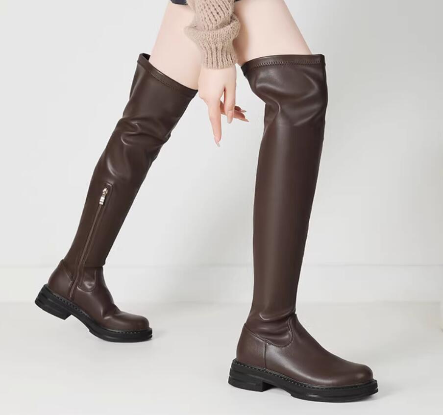 レディースブーツ　ロングブーツ ニーハイブーツ エンジニアブーツ　ジョッキーブーツ 美脚 ローヒール4.5cm ブーツ ストレッチ 長靴 防寒 歩きやすい ロング丈 膝丈 PU ストレッチ素材　ストレ