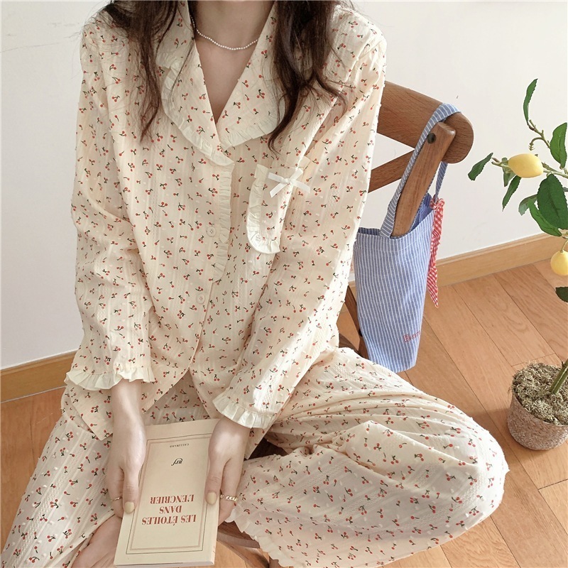 オールインワンセットアップセットアップペアルック カップル韓国insさん新品コットンジャカードパジャマフリルプリントがかわいいリボン部屋着セットセットアップ ルームウェア レディース ジャージ