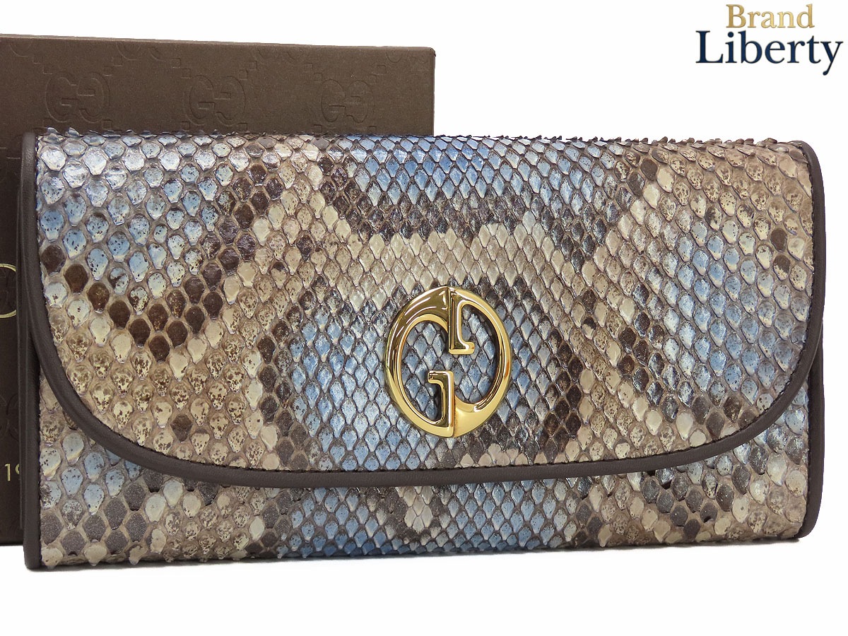 激レア超美品グッチGUCCIダブルGディテールパイソンコンチネンタルウォレット二つ折り長財布ブラウンブルーパイソンレザー245739
