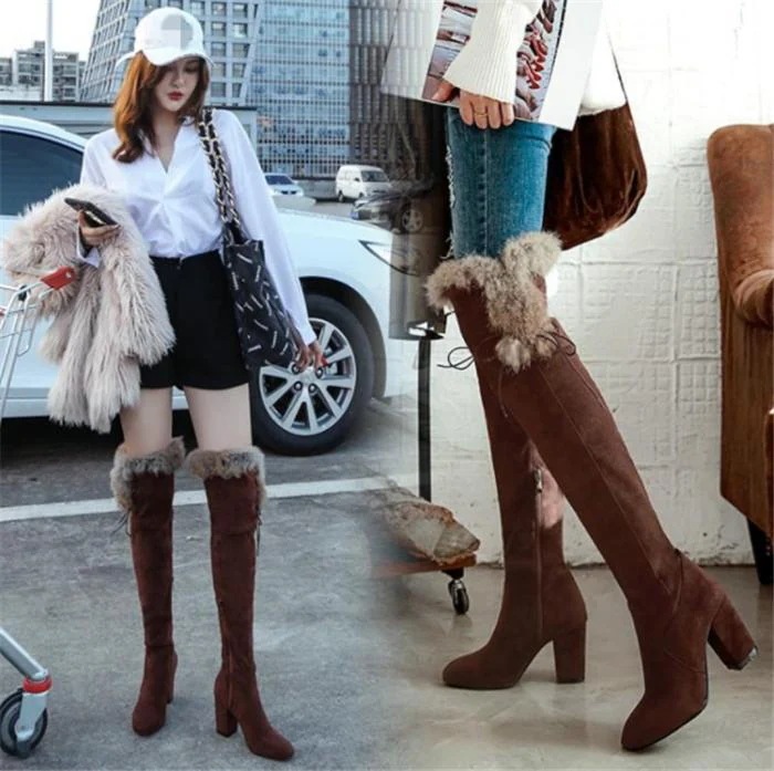 ロングブーツ　ムートンブーツ　裏起毛ブーツニーハイブーツ ファー秋冬 スエードブーツ太ヒール ストー