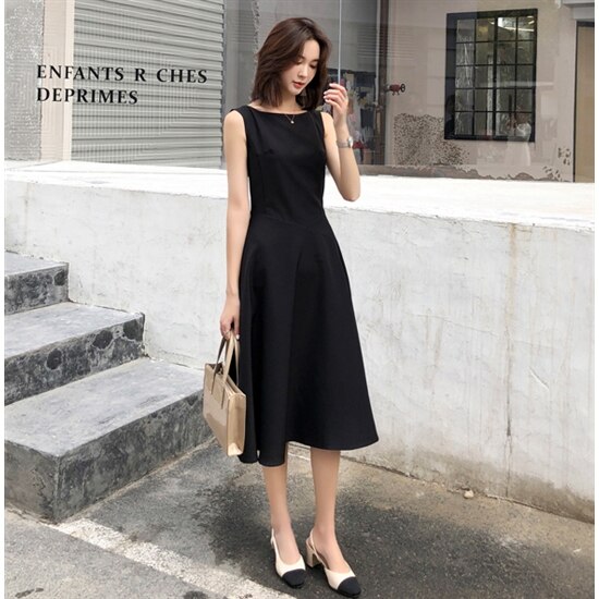 【取寄：納期2週間】ワンピースドレス 大きいサイズ XL 小さいサイズ XS ハイウエスト ノースリーブ ラウンドネック ミドル丈 無地 ボリュームスカート Aラインスカート エレガント