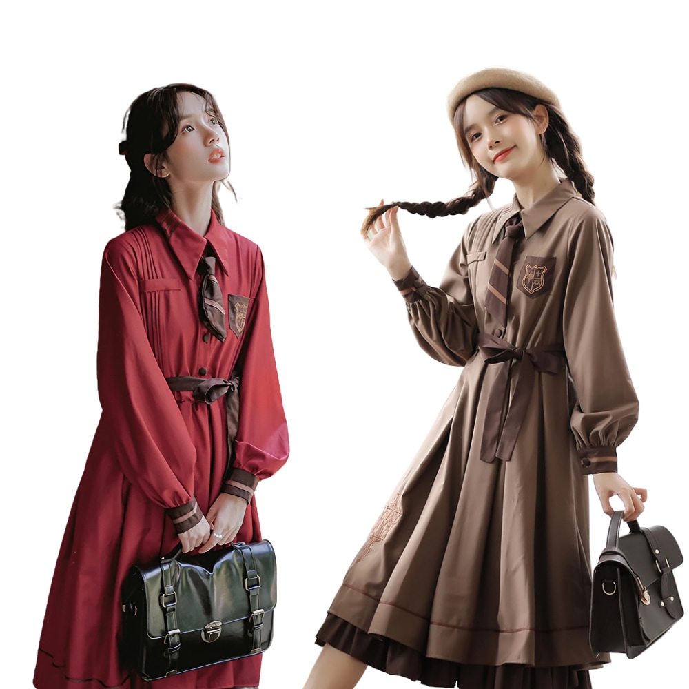 ワンピース 学生風 森ガール ロングワンピース レトロ ワンピ マキシ丈 春 秋 長袖 レディース 大人 女子 ネクタイ かわいい 可愛い ロリータ ロリィタ 襟 学校 女子校生 演劇