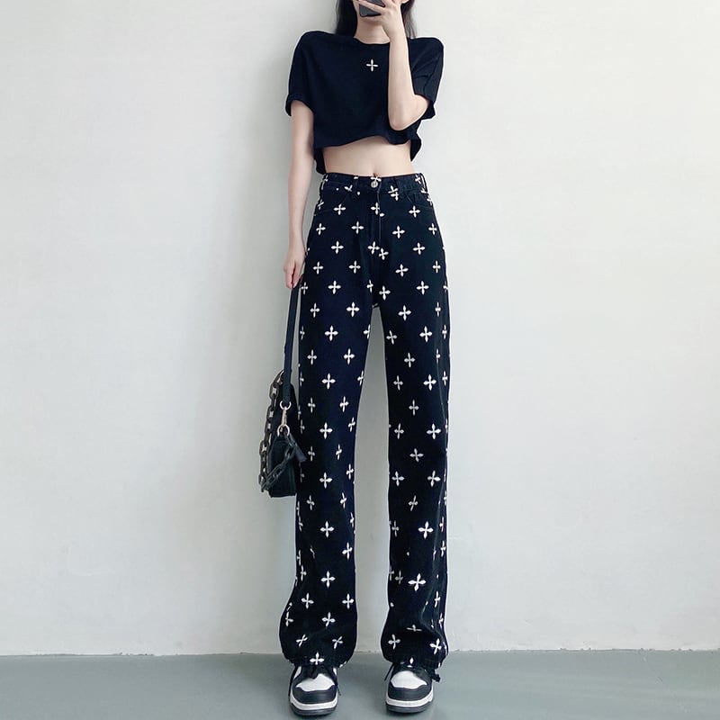 パンツ ボトム デニム パンツ Gパン ワイド パンツ ハイウエスト クロス 十字架模様 カラーデニム モノトーン ゆったり コットン ストレート 綿 美脚 動きやすい 韓国 ヒップアップ 流行り l