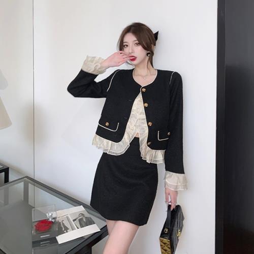 おすすめ品セットアップ ツーピース 2点セット 韓国 無地 ノーカラー 春 秋 冬 長袖 ミニ丈 おしゃれ 可愛い 韓国 レース ジャケット ノーカラー アウター ミニスカート 台形スカート Aライン