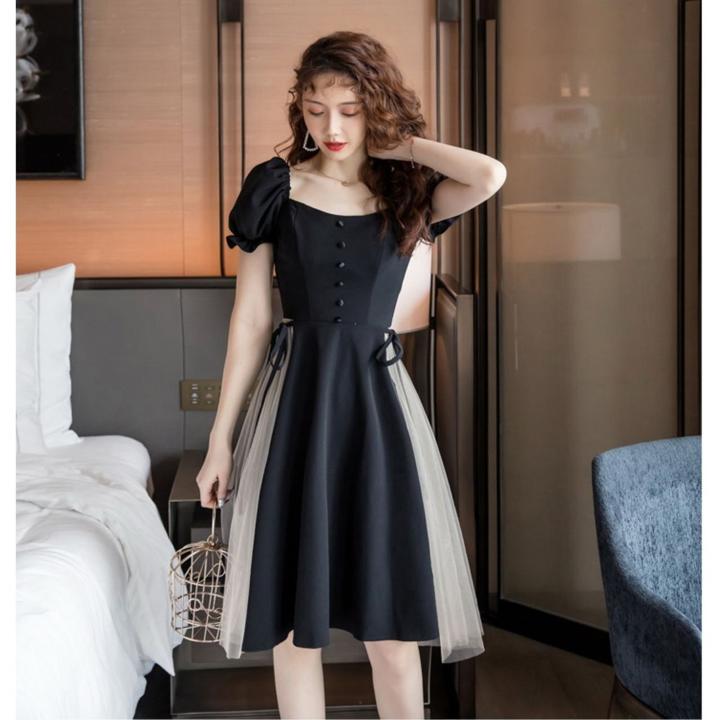 春夏 ドレス ワンピース ひざ丈 Aライン 半袖 バイカラー ブラック 透け感 ガーリー お呼ばれ パーティ 二次会