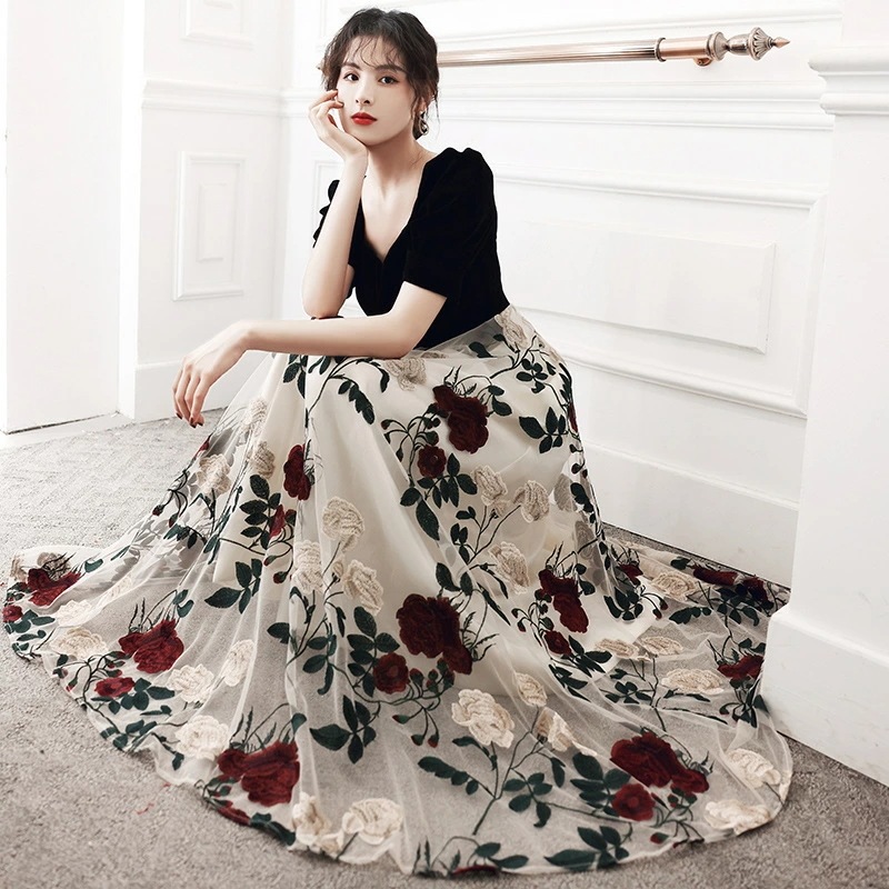 2点購入で200円割引15日間のみ コスパ最高カラードレス ファスナー パーティードレス ブラック 花柄 長袖 フォーマル ロングドレス 結婚式 二次会 披露宴 発表会 演奏会 ウェディングドレス Vドレス