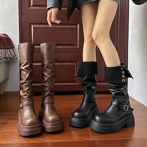 つの摩耗が膝の高いブーツ女性24とのイングランドスタイル厚底騎士ブーツベルトバックル茶色の高いブーツ