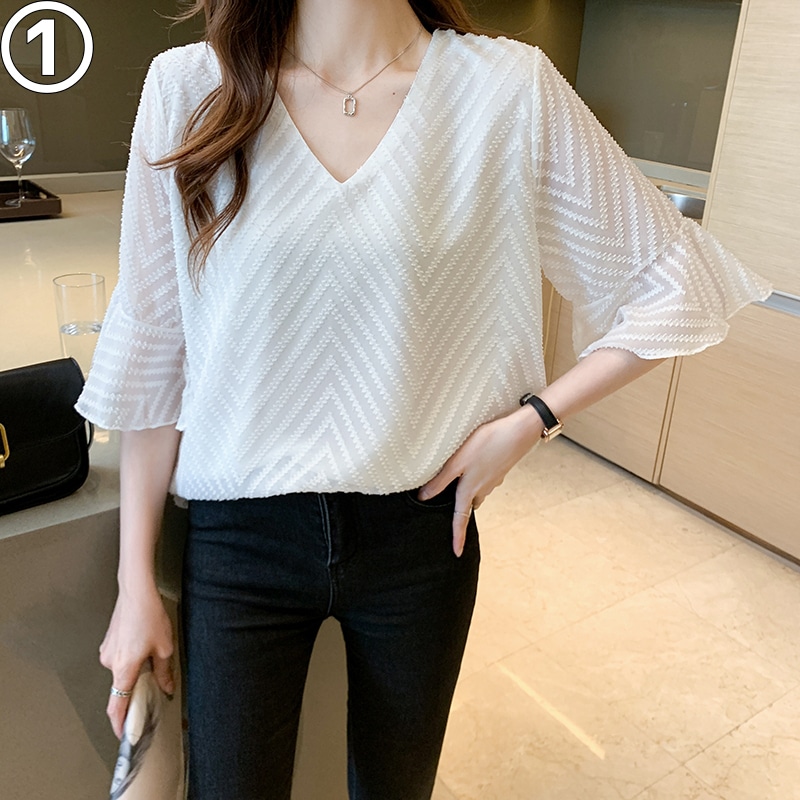 トップス シャツ ブラウス 袖あり 半袖 5分袖 パフスリーブ Vネック スタンドカラー シフォン 薄手 かわいい 大人可愛い きれいめ シンプル カジュアル 大人 上品 おしゃれ お洒落 かっこいい