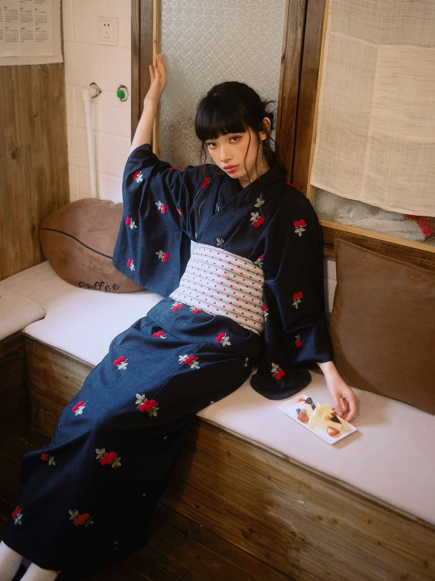 【2026new】 浴衣 セパレート チェリー刺繍 ブルー レディース 二部式 着物 女性和服 女性浴衣 ゆかた