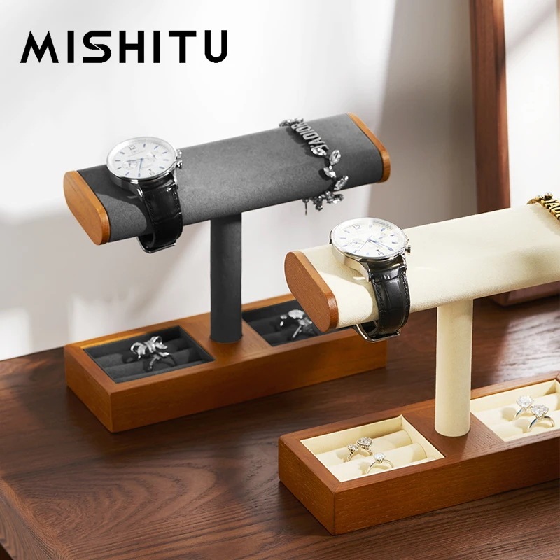 Mishitu-男性と女性のための無垢材の時計ディスプレイ Tバー ジュエリー収納スタンド ジュエリーアクセサリー オーガナイザーホルダー