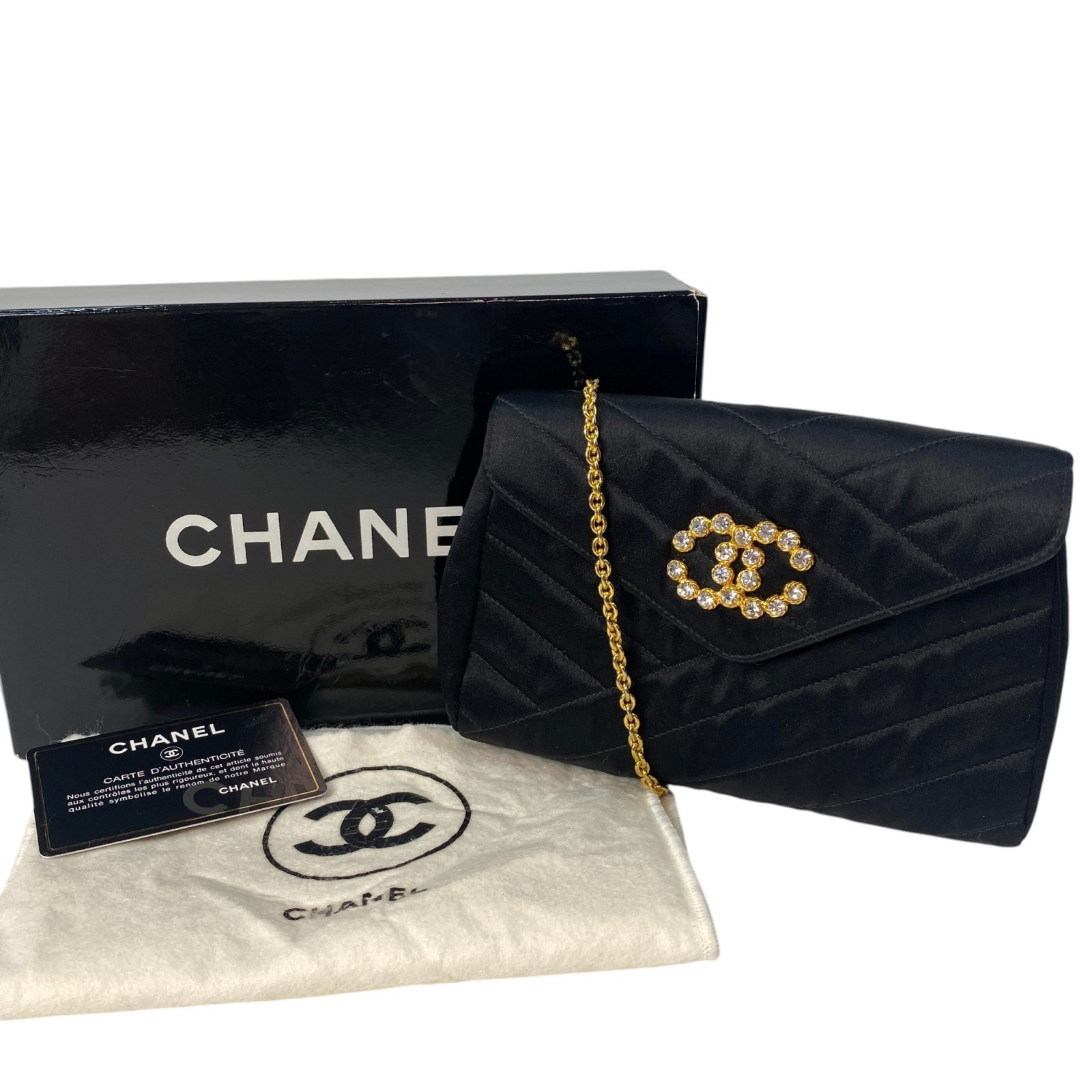 美品 シャネル CHANEL レディース ココマーク ビジュー チェーンショルダーバッグ サテン パーティーバッグ vintage 斜めがけ クロスボディ